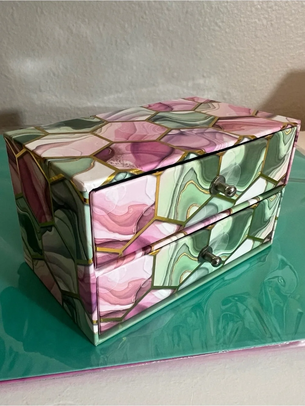 2-Drawer Marble Patterned Pink Green Gold Small Jewelry Organizer Storage Box